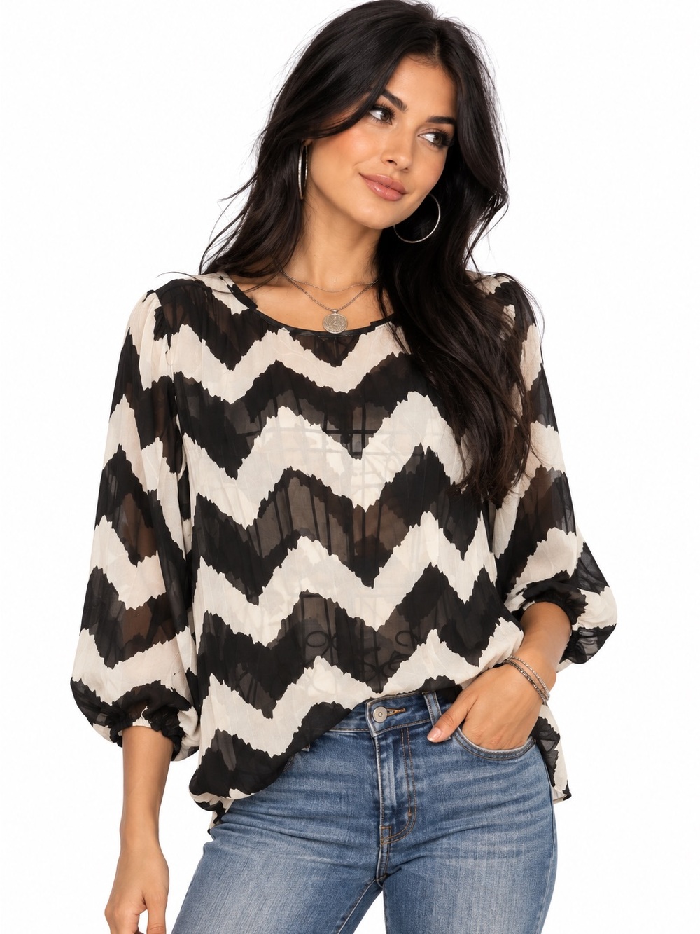 Lily Star Sheer Black and White Abstract Chevron Print Blouse Medium